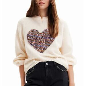 Desigual Oversize Heart Pullover Sweater Women’s S Cream Boho Valentine Cozy